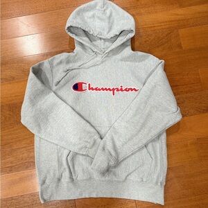 Vtg Champion Reverse Weave Hoodie L Pullover Sweatshirt Black Spellout Embossed